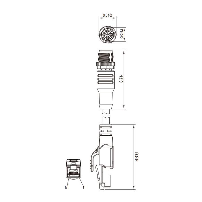 M12 8Pin straight male（ X-coded）/RJ45 male、Double ended pre cast PVC non flexible cable、With shielding、Blue sheath、Ethernet Cat.6a 10Gbps、0CF463-XXX